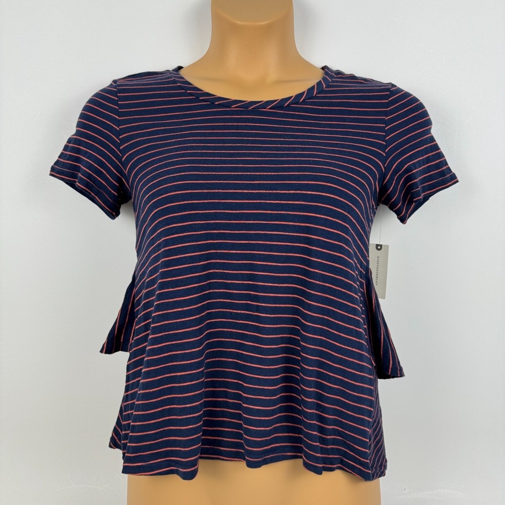 Anthropologie Tiered Top Ruffle Back Cotton Blend Striped Navy Pink‎ Womens XS